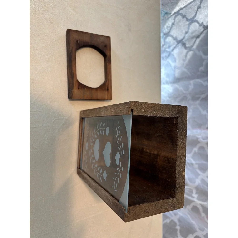 Rustic Wood Heart Etched Glass Lantern Wall Hanging Candle Holder Farmhouse